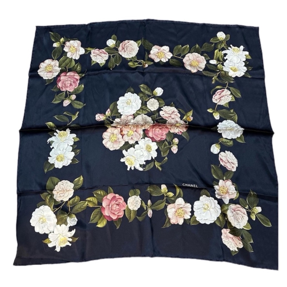 CHANEL Dark Blue Silk Scarf with Floral Design